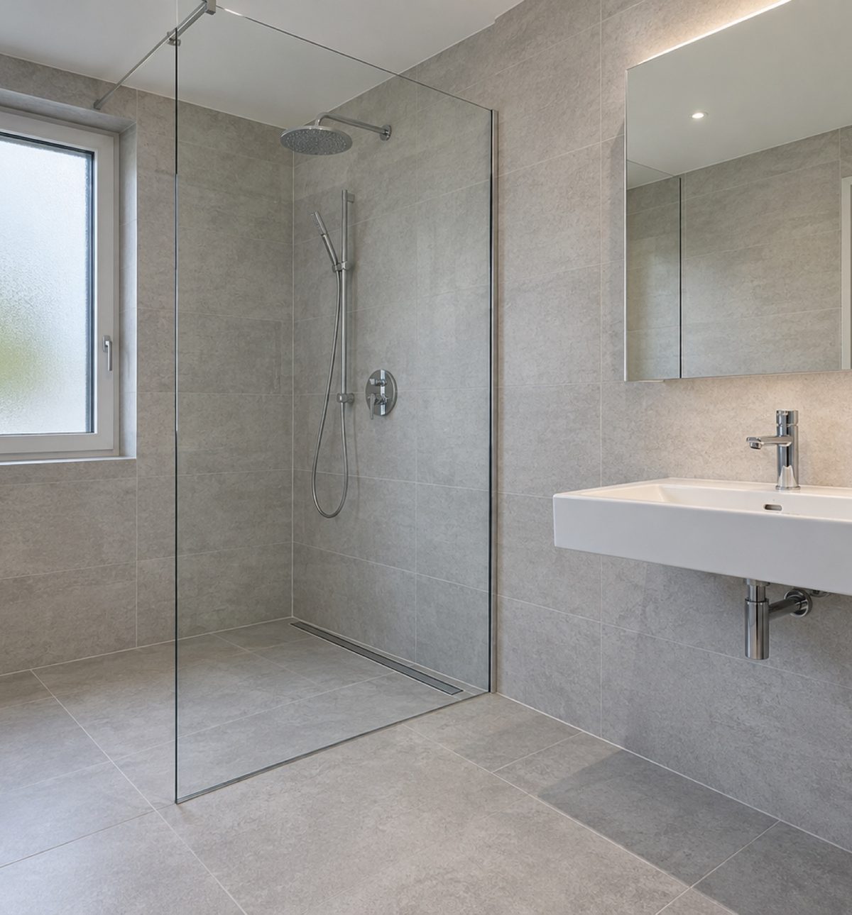Salle de bains rénovée par NJ Sanitaire, douche à l'italienne et lavabo suspendu